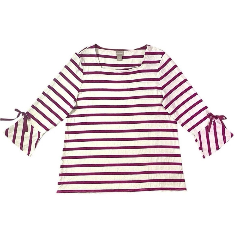Chico’s Striped Top Size 1 (M 8-10) Purple White Bell Sleeve Tie 3/4 Sleeve